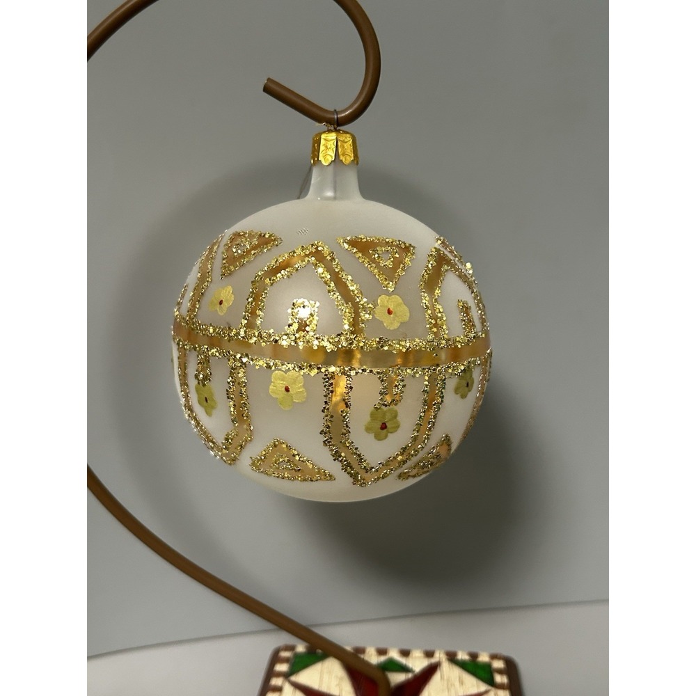Vintage Handblown Frosted Glass Christmas Ornament Gold Glitter Hand-painted